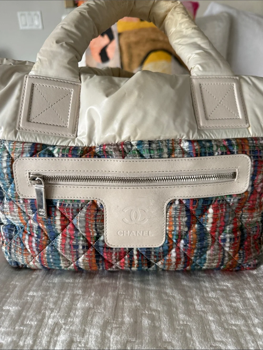 CHANEL Multicolor Tweed & Cream Top-Handle Tote